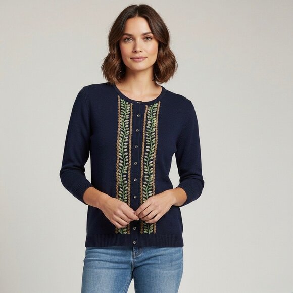 J. Crew Blue Embroidered & Beaded Cashmere Blend Button Front Cardigan • Preppy - Picture 1 of 14